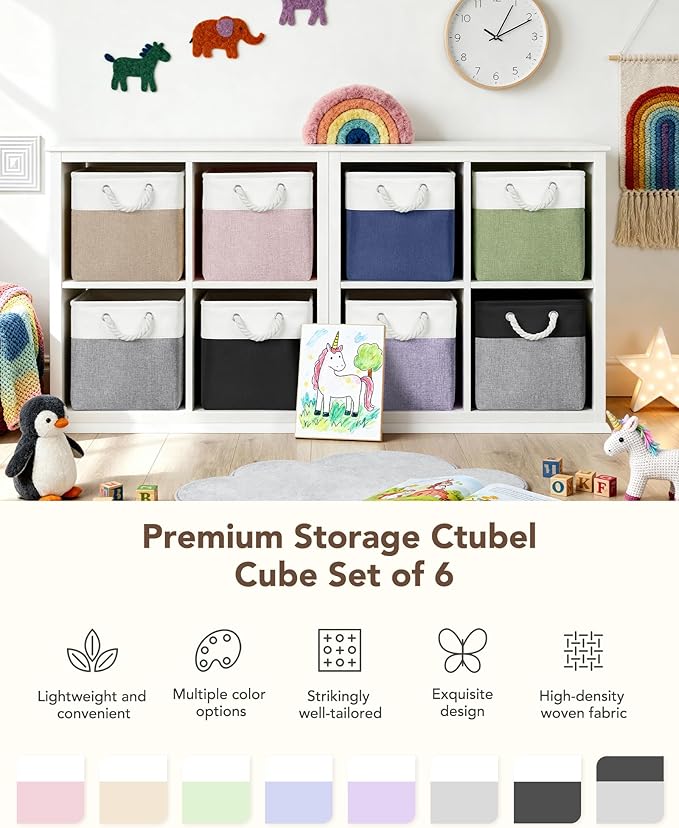 12x12 Storage Cube Bins, 6 Pack Reinforced Bottom Cardboard Foldable Box, Organizer for Closet Shelves, Heavy Home Storage Baskets (White Gray)
