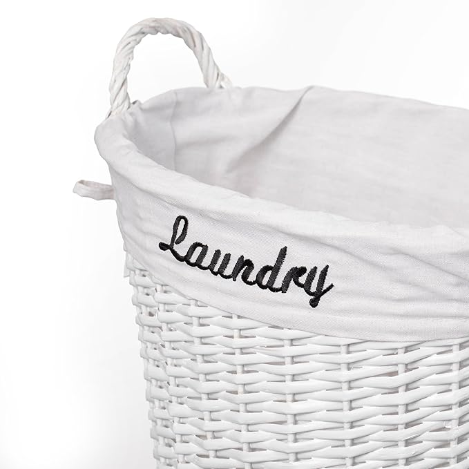 Wickerwise Handwoven Laundry Basket with Liner & Handles - Boho Decorative Storage Hamper for Clothes Blankets Pillows and Towels - Ideal for Laundry Room Bathroom Bedroom and Living Room, White