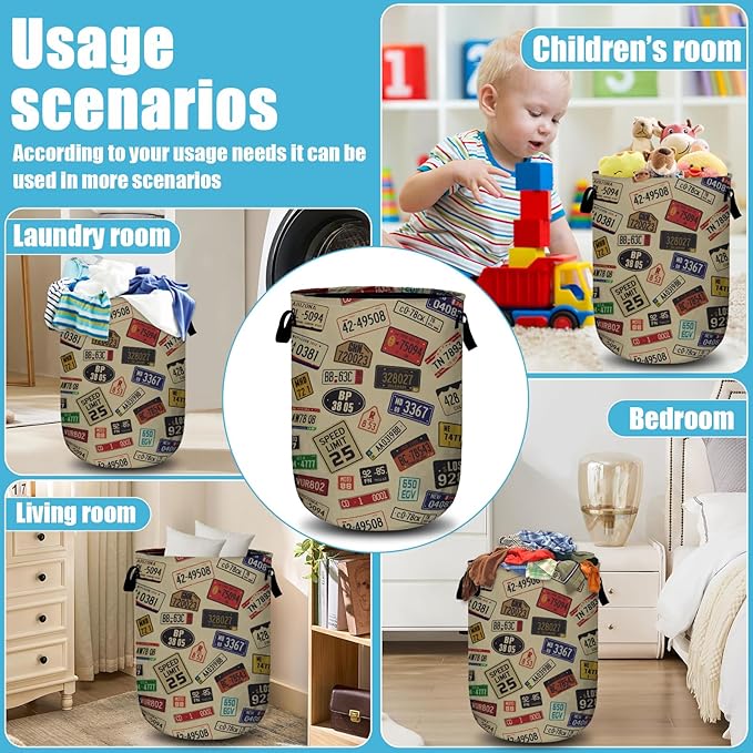Colourful Car Number Plates Laundry Basket, Laundry Hamper Collapsible Oxford Cloth with Handle Clothes Toy Storage Bin for Bathroom Laundry Room Bedroom 15.7 X 20 Inch