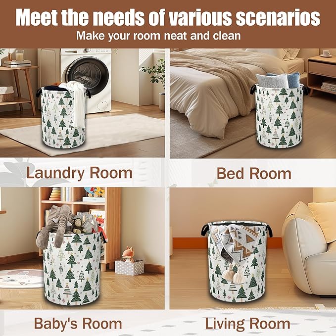 Christmas Pine Tree Laundry Basket,Waterproof Foldable Laundry Hamper,Dirty Clothes Basket, Linen Bin Storage Organizer Collection 16" x 20.8"