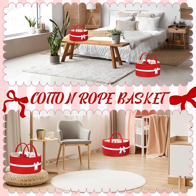 Yinkin 1 Pcs Valentine's Day Woven Large Storage Basket with Handles and Removable Divider Gift Baskets with Bow for Closet Bedroom Nursery Toys Organizing, 14.17 x 8.66 x 7.09 Inches(Red and White)
