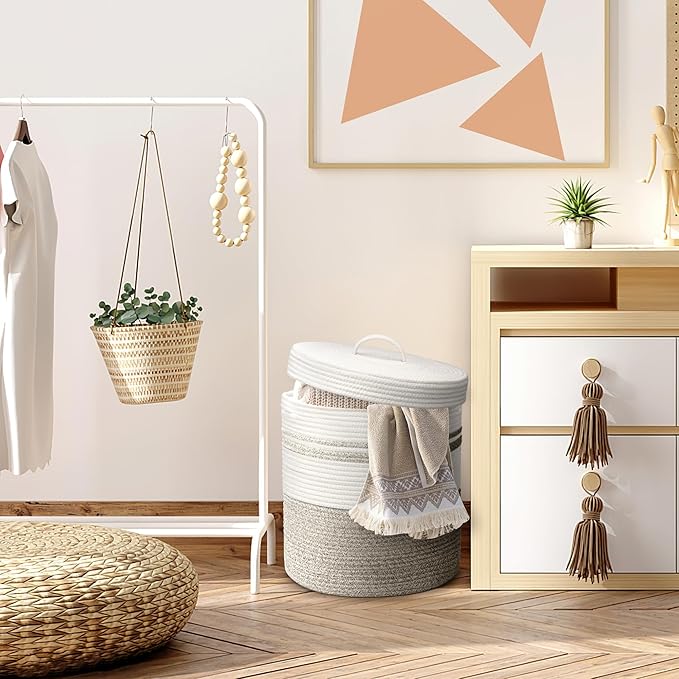 Laundry Hamper with Lid, Woven Laundry Basket,Blanket and Toy Storage Basket for Living Room, Bedroom, Bathroom, Nursery(Brown and White,40L)