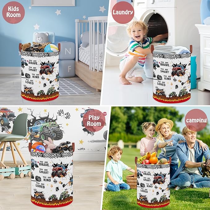 Monster Trucks Laundry Hamper Basket Kid Gift Toy Bin Empty Car Nursery Decor Hamper,Storage Basket Collapsible Clothes Book Organizer Bin for Boy,Valentine's Day Gift (Monster Trucks-Fire)