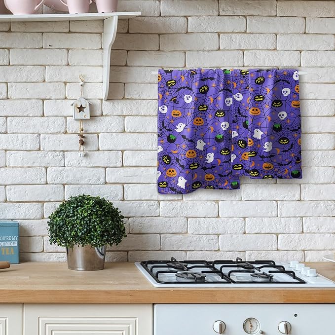 Halloween Spooky Bat Pumpkin Hand Towel Set of 2 Soft Absorbent Funny Halloween Scary Purple Spiderwebs Tea Towels Baking Cooking Wash Cloth for Bathroom Kitchen Bar Beach Gym Spa Decor 14x28 Inch