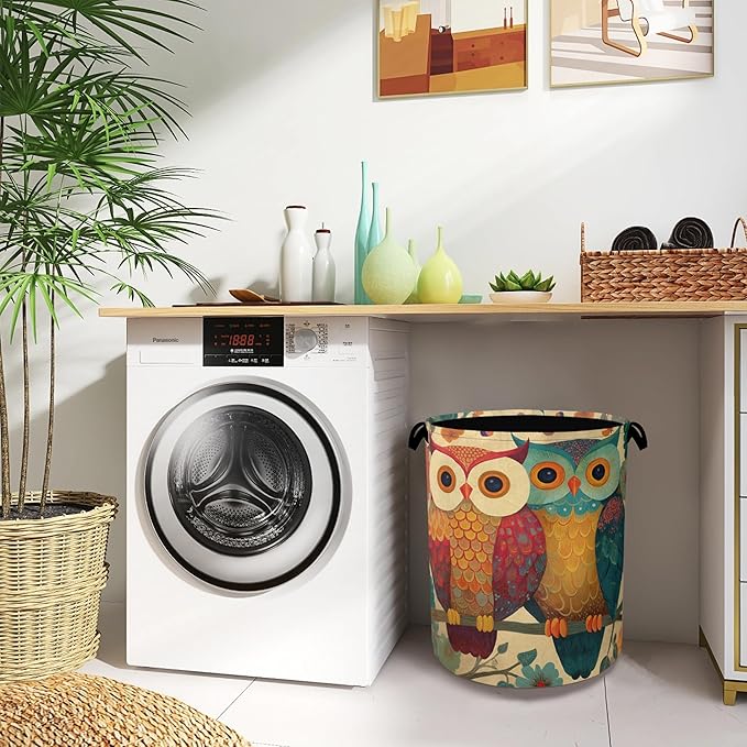 Cute Owl Laundry Basket,Foldable with Handles Tote Bag Oxford Cloth for Bathroom Bedroom Dirty Clothes Storage Bucket 16" x 20.8"