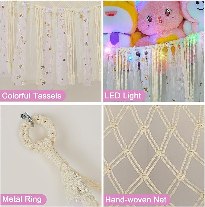 FIOBEE Stuffed Animals Net or Hammock with LED Light, Toy Hammock Hanging Stuffed Animals Storage Organizer Holder Room Décor for Nursery Kids Bedroom