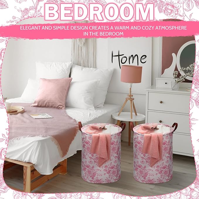 2 Pcs Pink Floral Laundry Basket Coquette Storage Basket for Girls Nursery Hamper with Handles Foldable Waterproof Collapsible Storage Bin Organizer for College Dorms Bathroom