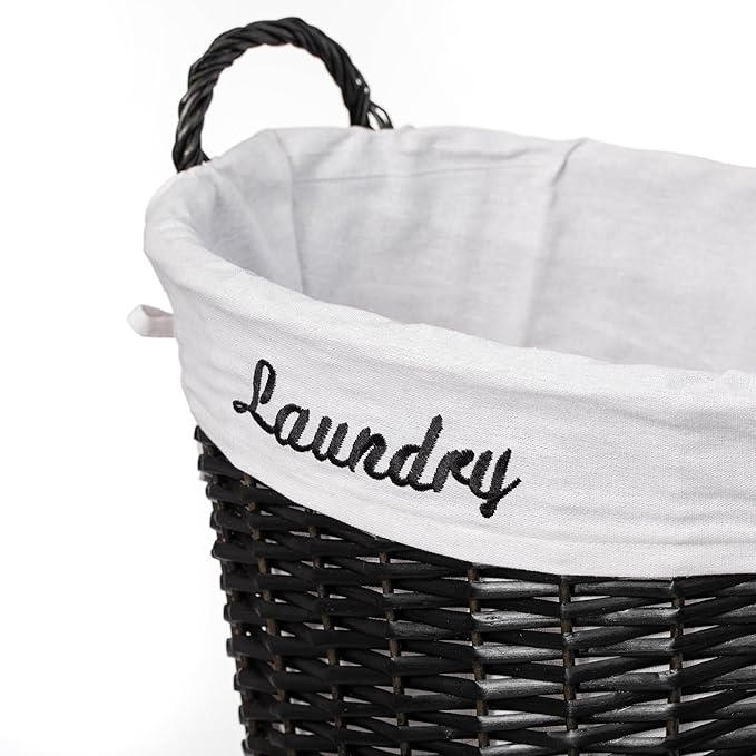 Wickerwise Handwoven Laundry Basket with Liner & Handles - Boho Decorative Storage Hamper for Clothes Blankets Pillows and Towels - Ideal for Laundry Room Bathroom Bedroom and Living Room, Black