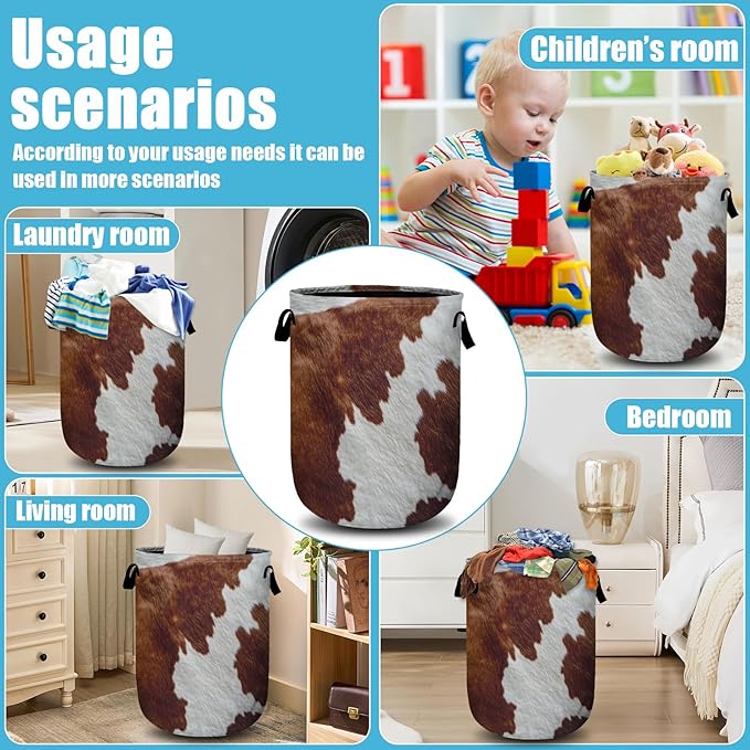 Brown Cow Skin Laundry Basket, Laundry Hamper Collapsible Oxford Cloth with Handle Clothes Toy Storage Bin for Bathroom Laundry Room Bedroom 15.7 X 20 Inch