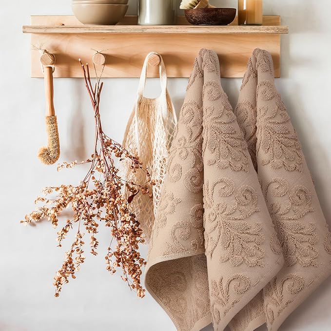 2 Pcs Quality Floral Jacquard Hand Towels Set for Bathroom Brown Hand Towels 100% Cotton Absorbent Decorative Weave Bath Decor Neutral Bathroom Decor Gift, 13.7 x 29.5 Inch