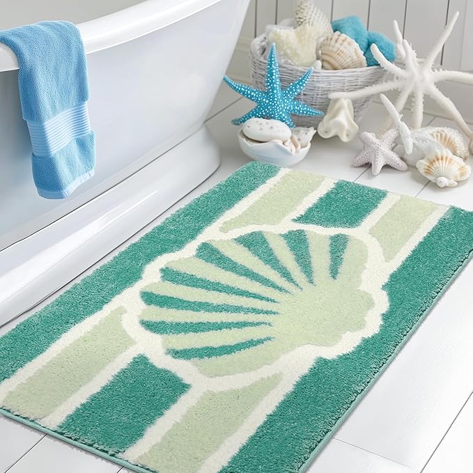 Green Beach Bathroom Rugs Non Slip Washable Cute Coastal Bath Mats Rugs for Bathroom Floor Nautical Fluffy Plush Soft Absorbent Farmhouse Carpet for Shower, Tub, 24x36 inch