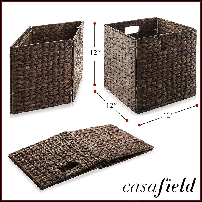 Casafield 12" x 12" Water Hyacinth Storage Baskets, Espresso - Set of 2 Collapsible Cube Organizers, Woven Bins for Bathroom, Bedroom, Laundry, Pantry, Shelves