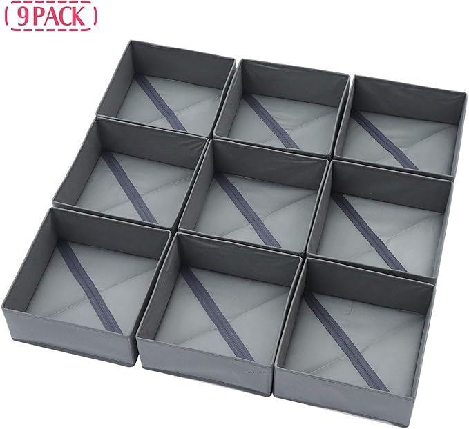 DIOMMELL 9 Pack Foldable Cloth Storage Box Closet Dresser Drawer Organizer Fabric Baskets Bins Containers Divider for Clothes Underwear Bras Socks Lingerie Clothing, M Grey 900