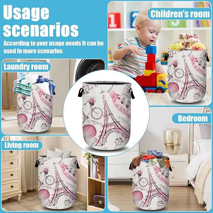 Romantic Paris Eiffel Tower Laundry Basket, Laundry Hamper Collapsible Oxford Cloth with Handle Clothes Toy Storage Bin for Bathroom Laundry Room Bedroom 15.7 X 20 Inch