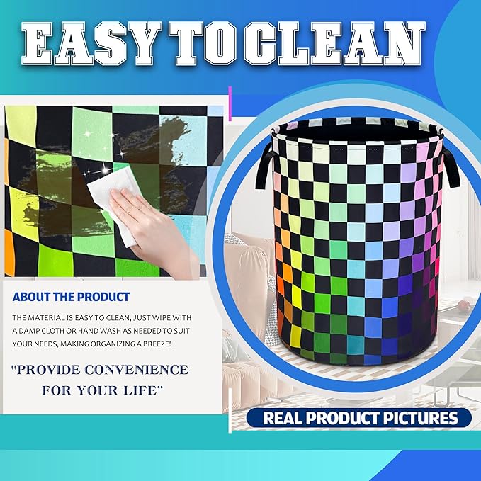Checkered Rainbow Laundry Basket Oxford Cloth Colorful Squares Laundry Hamper With Handle Foldable Portable Clothes Storage Basket 18.9 X 16.5 In Storage Bag For Laundry Room/Bathroom/Bedroom
