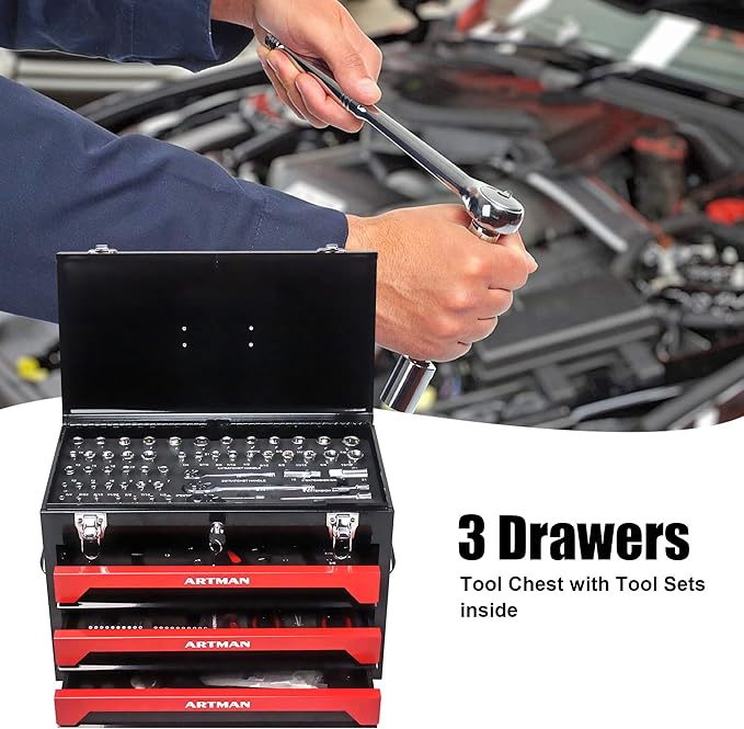 20" Portable 3 Drawer Steel Toolbox,Built in Tool Set,4 Layers of Tools with Metal Latches, with Top Storage Tray and carrying Handle, Multi-Function Tool Storage for Garage, Home,or Workbench