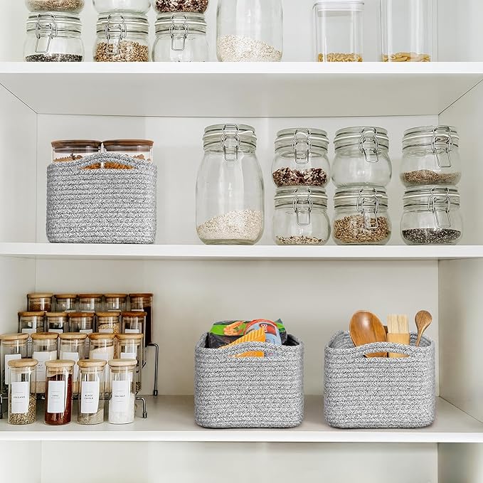 Goodpick Storage Baskets, Storage Bins for Shelves Gift Baskets Empty Small Toy Baskets Baby Rope Basket Woven Basket for Towels for Decor 3 Pack, White & Gray, 13 x 8 x 5 in