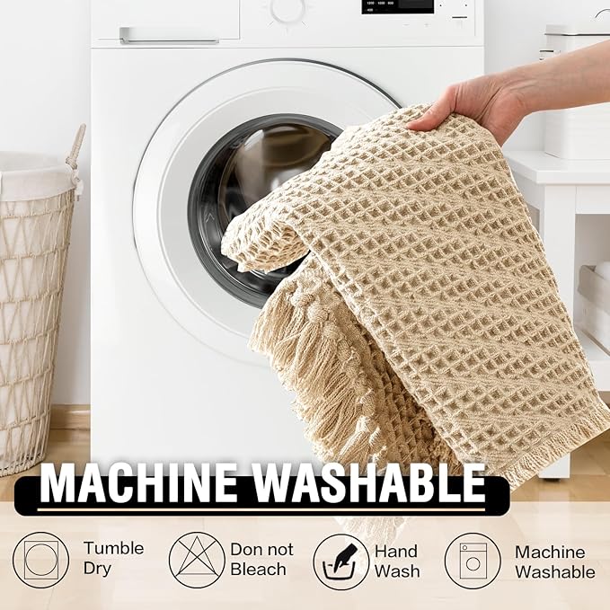 H.VERSAILTEX Waffle Bath Mat Super Absorbent Boho Bath Mat Non Slip Bath Rugs for Bathroom Floor Machine Washable Dry Fast Bathroom Rugs with Tassels (17 x 24 Plus 17 x 24 Inches, Sand)