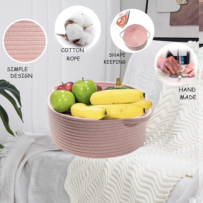 COMFY HOMI Small Woven Gift Baskets with Handles, Gift Bags and Ribbons - Cotton Rope Storage Basket for Organizing, Dog Toy Basket Box, Gift Baskets Empty, Mother’s Day-φ11X5 Inch(all pink)