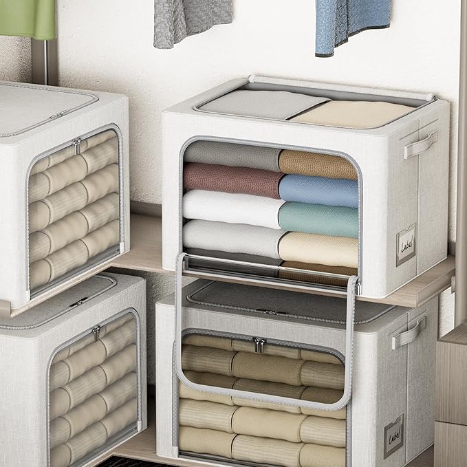 4 Pack Clothes Storage Bins with Metal Frame - 36L Stackable Storage Box with Lid,Foldable Storage Container Organizer for Clothes,Linen Fabric Storage Box with Clear Window&Zippers&Handles
