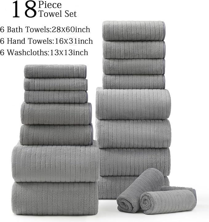 Hailea 18 Piece Family Bath Towel Set Include 6 Bath Towels,6 Hand Towels and 6 Washcloths Soft Bathroom Towel with Hanging Loops,Highly Absorbent Quick Dry Towels Set for Bathroom,Hotel and Spa-Grey