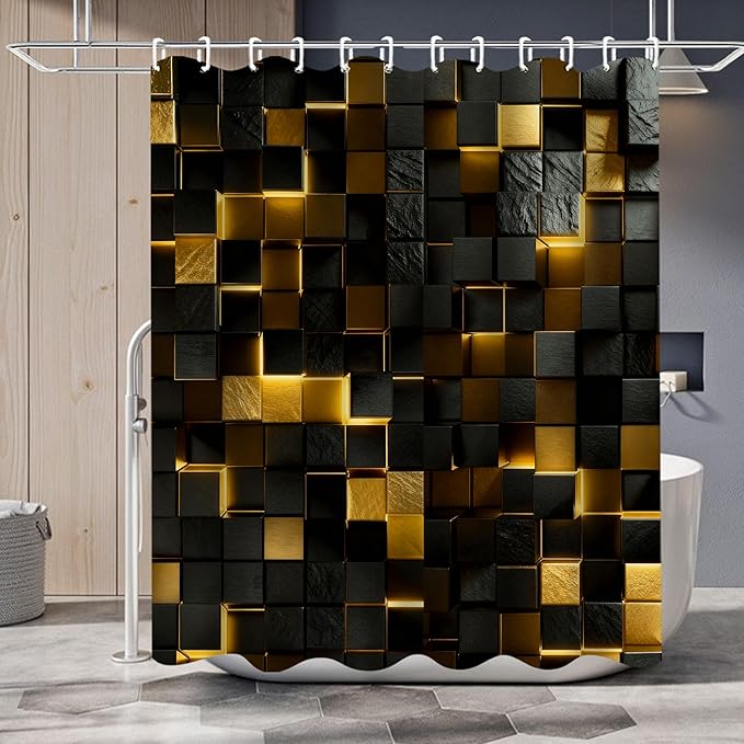 4Pcs Black and Gold Shower Curtain Set 3D Cubes Bathroom Sets Modern Shower Curtain Set for Bathroom Sets with Rugs and 12 Hooks