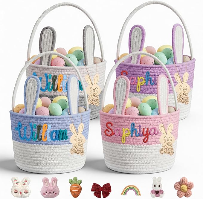 Personalized Easter Basket for Kids with Name - Custom Cute Embroidery Easter Bunny Rope Basket for Boys Girls, Easter Egg Hunt Basket (Color-blocked style)