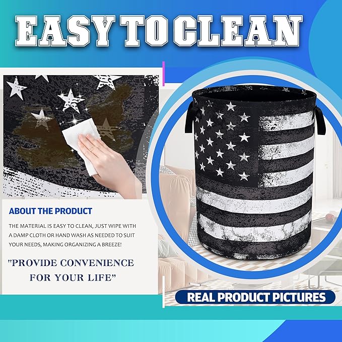 Black White American Flag Laundry Basket Vintage Usa Flag Oxford Cloth Laundry Hamper With Handle Foldable Portable Clothes Storage Basket 18.9 X 16.5 In Storage Bag For Laundry Room/Bathroom/Bedroom