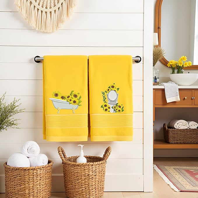 2pcs Yellow Sunflower Hand Towels for Bathroom Decorative Towels Set 100% Cotton cute Embroidered Spring summer floral bath towels dish kitchen towels Farmhouse Bathroom Decor Gift(Yellow Sunflower)