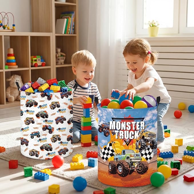 2 Pcs Monster Truck Laundry Hamper Basket Monster Truck Room Decor 19.7x14.6 Inch Round Collapsible Toy Storage Organizer Clothes Basket with Waterproof Layer for Closet Bedroom Playroom
