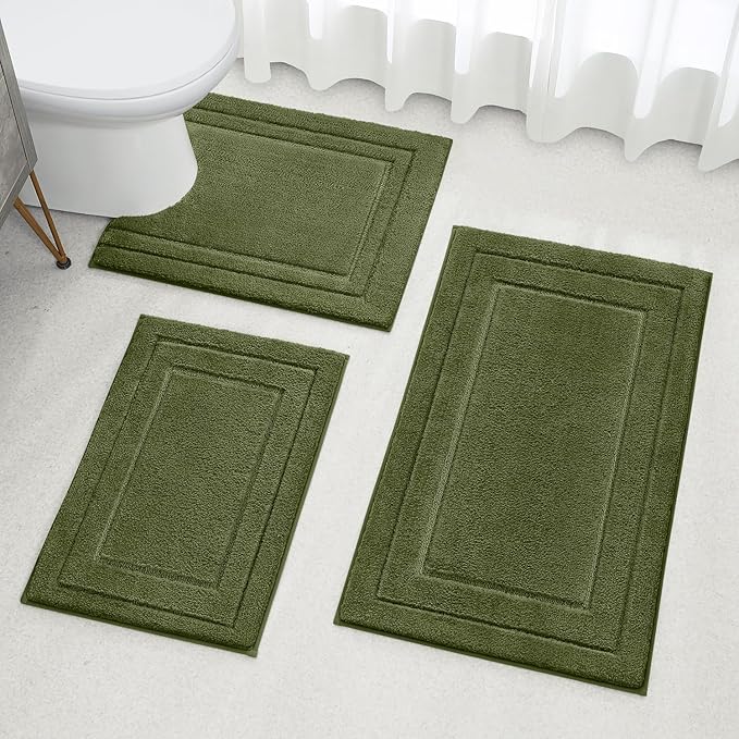 HOMEIDEAS Bathroom Rugs Sets 3 Piece, Super Soft and Absorbent Non Slip Microfiber Toilet Bath Mat with U-Shaped (Sage Green)