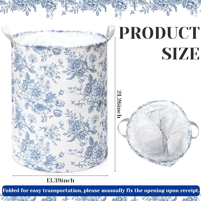 2 Pcs Laundry Basket Coquette Storage Basket for Girls Nursery Hamper with Handles Foldable Waterproof Collapsible Storage Bin Organizer for College Dorms Bathroom(Chinoiserie)