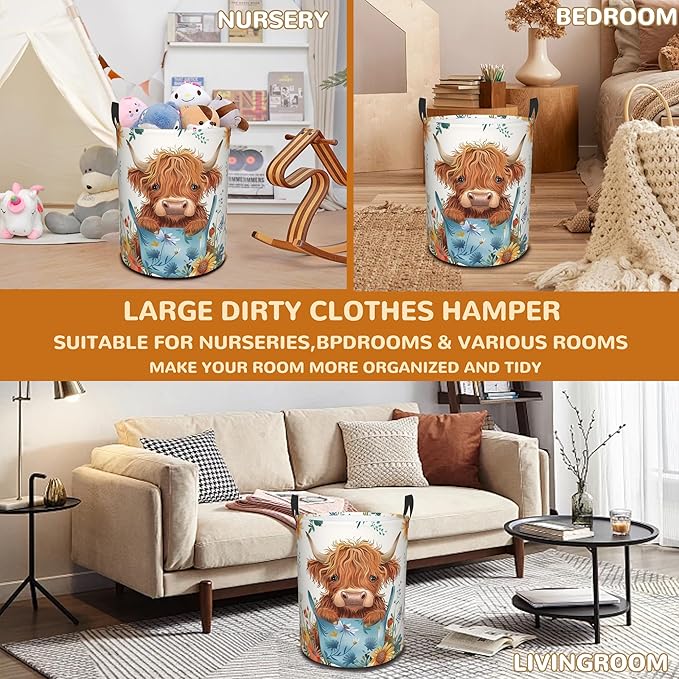 Highland Cow Large Storage Basket,Colorful Flowers Laundry Hamper/Bathroom/Home Decor/Collapsible Round Storage Bin,Boys Girls Dirty Clothes Hamper/Boxes/Toys Storage 16x20 Inch