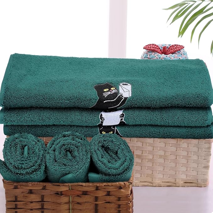 3 Pcs Cat Hand Towels for Bathroom Decor Funny Embroidered Black Cat Halloween Decorative Dark Green Bath Dish Towels for Bathroom Kitchen Decor, 100% Cotton, 13.3 x 29.5''
