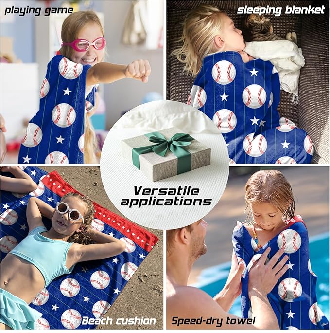 Hooded Towels for Kids -Toddler Beach Towel- Super Absorbent & Quick Dry 100% Cotton 35x60 Inch - to Kid Ages 3-12-Baseball Pattern Design