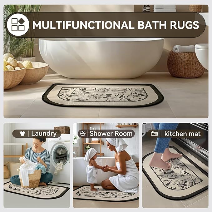 Half Circle Bath Mat, Thin Bathroom Rugs Fit Under Door Quick Dry Non Slip Washable Bathroom Mat with Rubber Backing, Absorbent Half Round Shower Rug