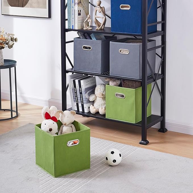 11 Inch Fabric Collapsible Storage Cubes,6 Pack Colored Closet Storage Bins with Metal Handles Foldable Cube Baskets for Organizing Clothes, Toys, Books(Green, Gray, Dark Blue)