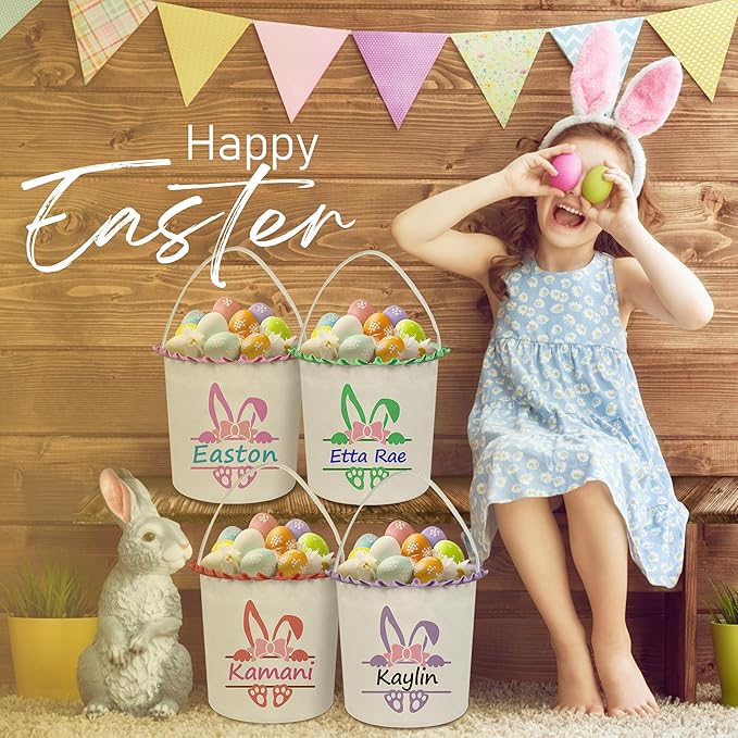 Easter Baskets for Girls Boys, Personalized Easter Basket with Name - Green Bow Bunny