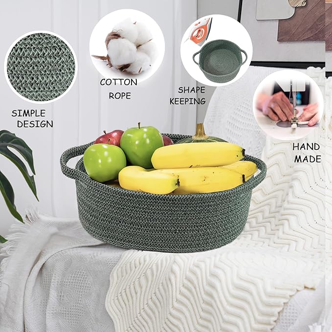 COMFY-HOMI Round Rope Basket with Handles for Shelves,Toys,Book, Cloth Storage Baskets for Organizing-φ11X5 Toy Decorative Organizer for Living Room, Bathroom (green)