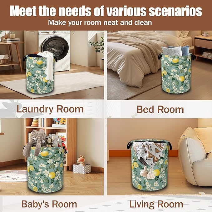 Vintage Lemon Flowers Laundry Basket,Waterproof Foldable Laundry Hamper,Dirty Clothes Basket, Linen Bin Storage Organizer Collection 16" x 20.8"