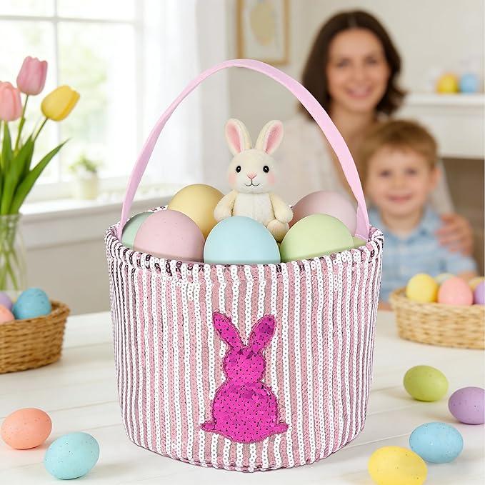 Personalized Easter Basket for Kids, Boys & Girls – Ideal for Egg Hunting & Easter Gift Storage (Pink Sequin Bunny Basket)