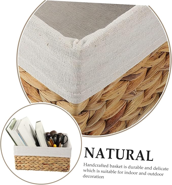 Handcrafted Straw Storage Basket with Liner Multifunctional Woven Organizer for Desktop Sundries Snacks Cosmetics for Home Office Nursery Kitchen Bathroom Use