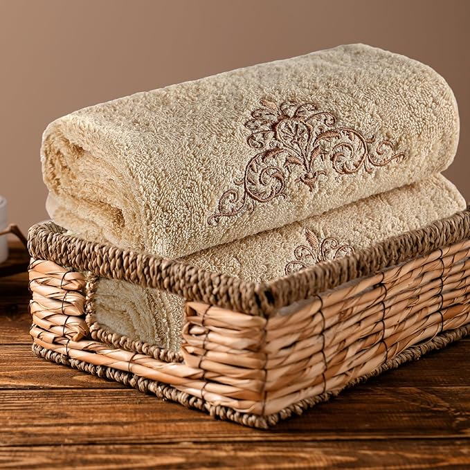 2 Pcs Damascus Hand Towels Brown Farmhouse Bathroom Decor 14x29 Inch Embroidered 100% Cotton Soft Absorbent Spring Summer Decorative Hand Towels for Bathroom Kitchen
