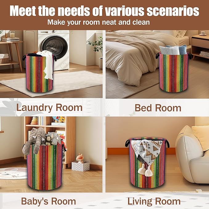 Mexican Laundry Basket,Ethnic Stripes Rainbow Laundry Hamper Waterproof Oxford Cloth Tote Collapsible,Clothes Storage Bucket Decorative Toy Organizer For Bathroom Bedroom 16" x 20.8"