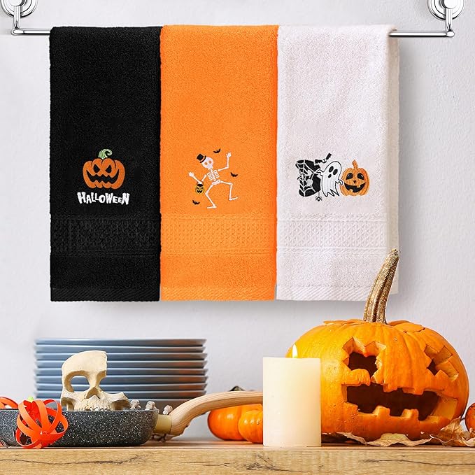 3 Pcs Halloween Hand Towels for Bathroom Embroidered Pumpkin Ghost Skull Bathroom Towel Farmhouse Decorative 13.78 x 29.53 Inch Absorbent Soft Cotton for Kitchen Dish Fast Drying Decor