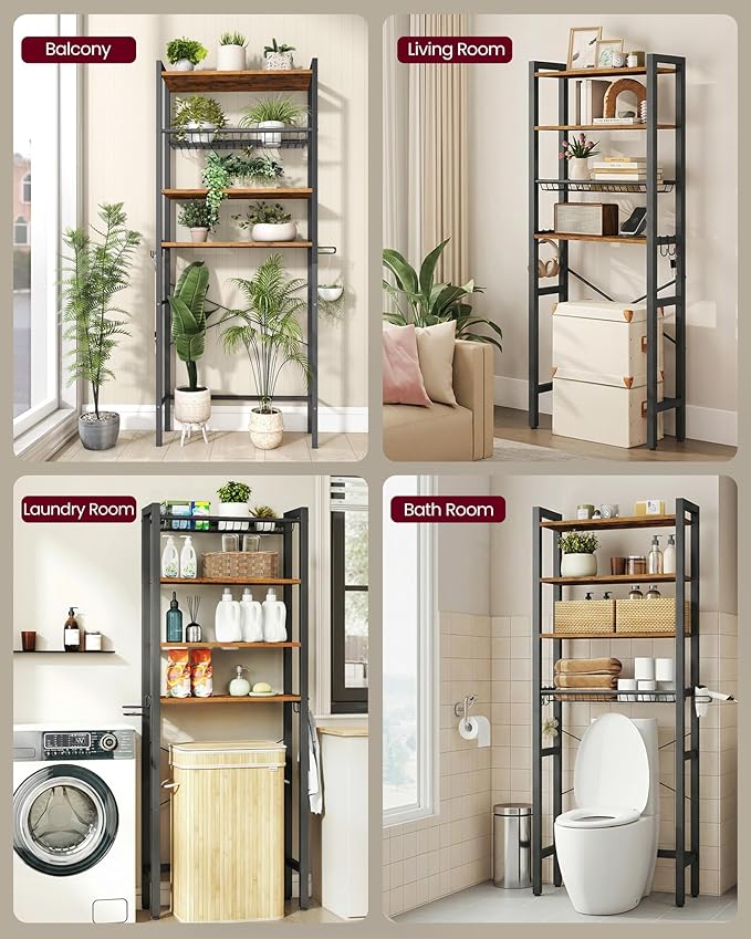 VASAGLE Over The Toilet Storage, Over Toilet Bathroom Organizer with Adjustable Shelves and Basket, 3 Hooks, Space Saving, 9.4 x 23.6 x 68.1 Inches, Rustic Brown UBTS114KD01S
