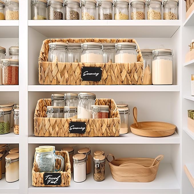 4 Pcs Hyacinth Storage Set Stackable Handwoven Wicker Baskets with Chalkboard Label Handles Woven Container Kitchen Large Small for Pantry Shelves Food Home Bathroom Decor