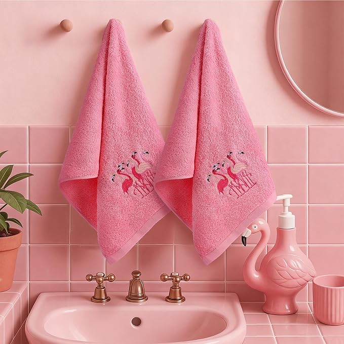 2 Pcs Flamingo Hand Towels Hot Pink Bathroom Decor 14x29 Inch Embroidered 100% Cotton Soft Absorbent Spring Summer Decorative Hand Towels for Bathroom Kitchen