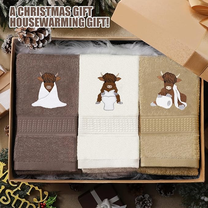 3 Pcs Highland Cow Hand Towels Embroidered Cow Farmhouse Decorative Bath Towels for Bathroom Kitchen Decor Country Farm Highland Holiday Housewarming Gifts, 100% Cotton, 13.3 x 29.5''