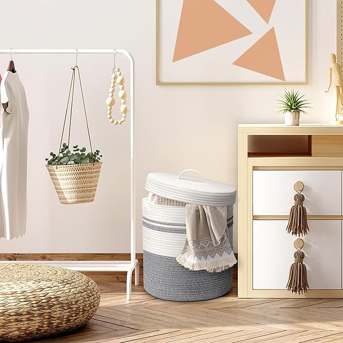 Laundry Hamper with Lid, Woven Laundry Basket,Blanket and Toy Storage Basket for Living Room, Bedroom, Bathroom, Nursery(Grey and White,40L)
